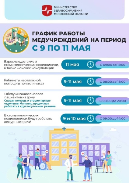 График работы медучреждений в День Победы и выходные дни опубликовал Минздрав Подмосковья